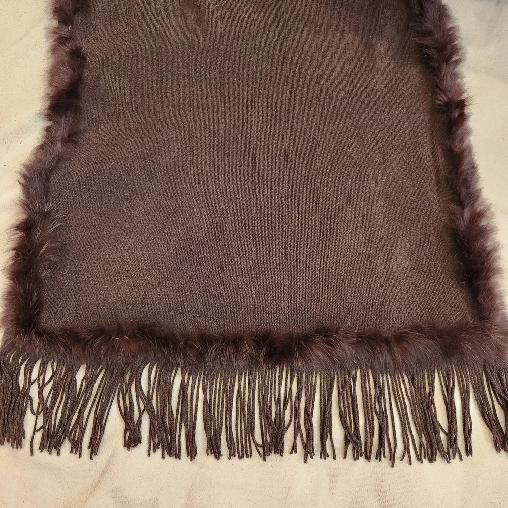 Luxurious Chocolate Brown Scarf Genuine Rabbit Fur Trim Wrap Vintage